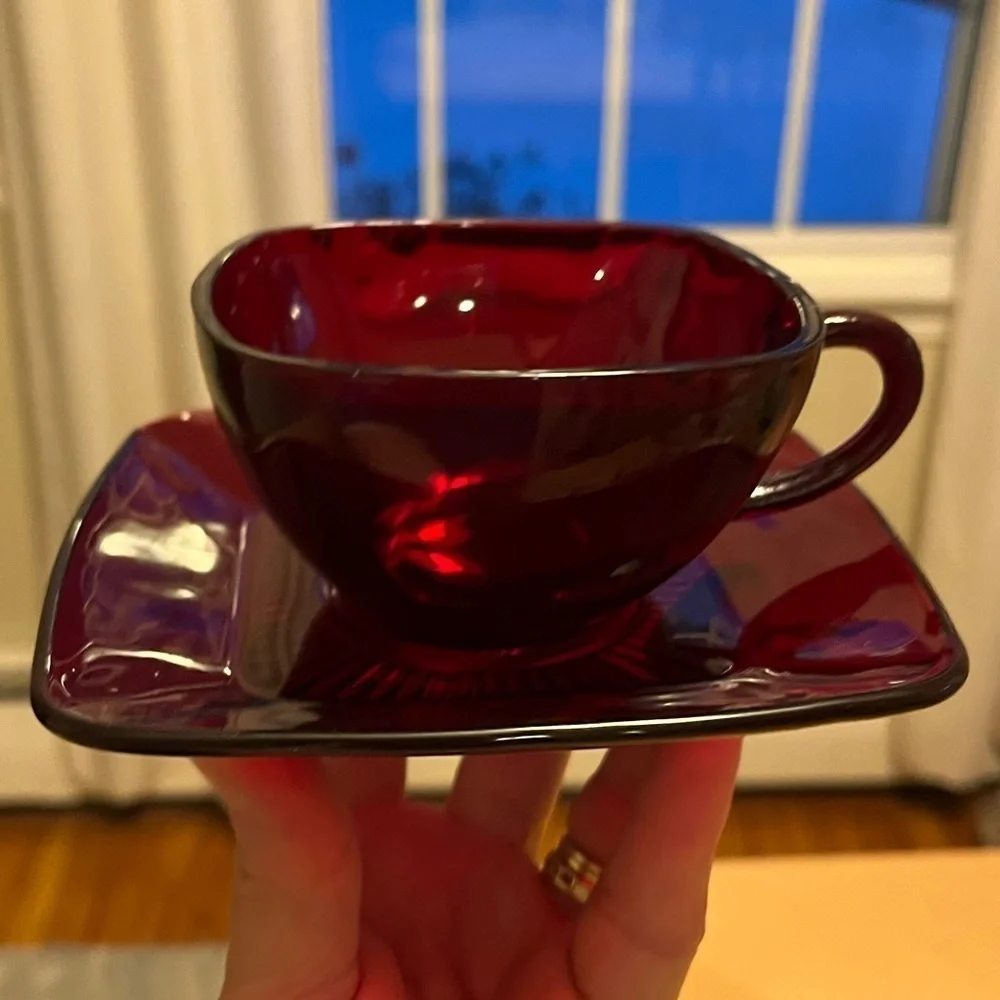 Anchor Hocking Royal Ruby Red Charm Square Tea Cup and Saucer Vintage